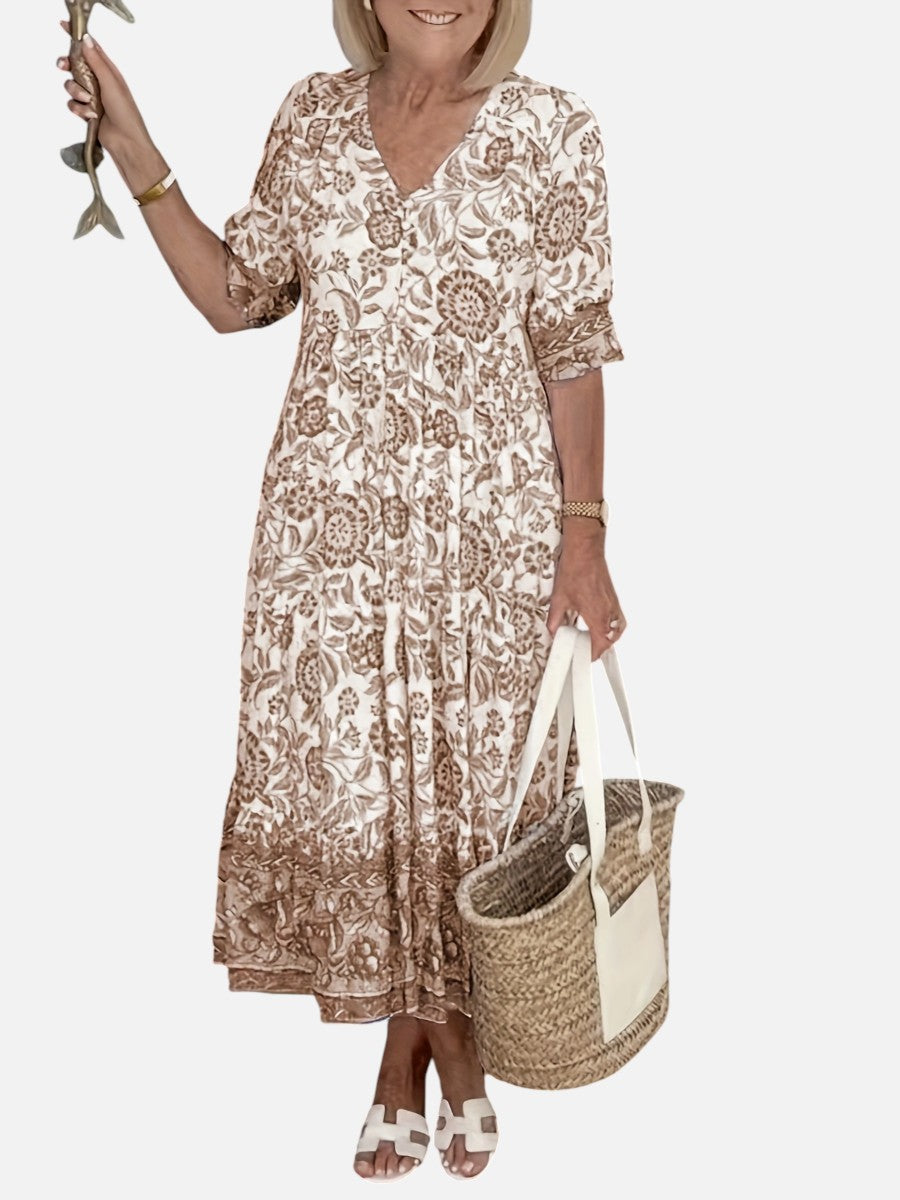 Women’s Floral V-Neck Midi Dress – Relaxed Summer Elegance
