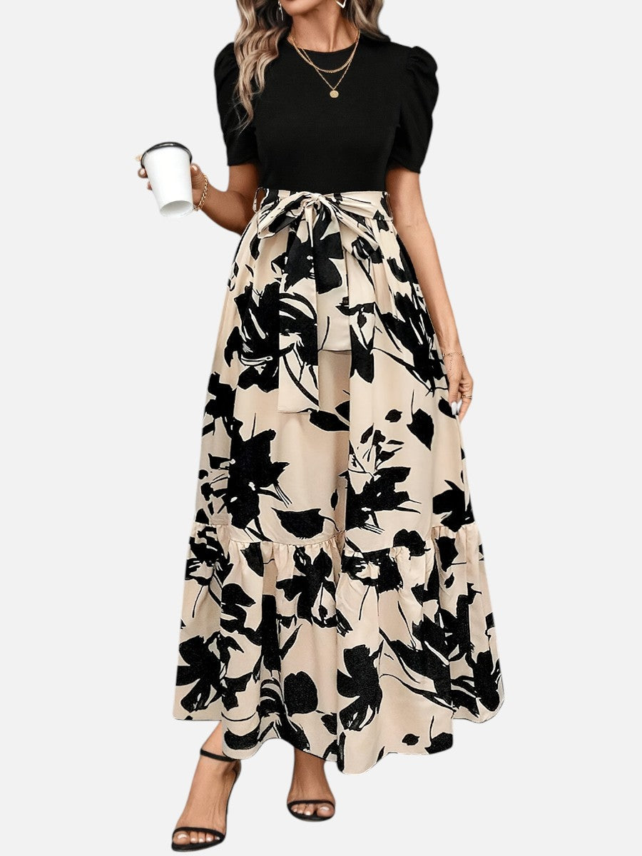 Women’s Floral Midi Dress – Puff Sleeve Belted Waist