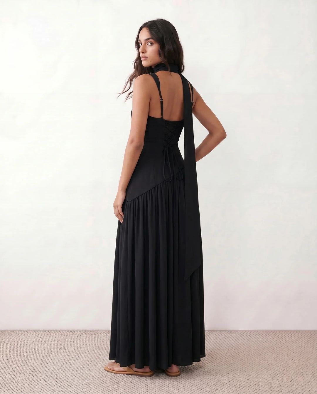 Emelie Basque Waist Lace-Up Maxi Dress
