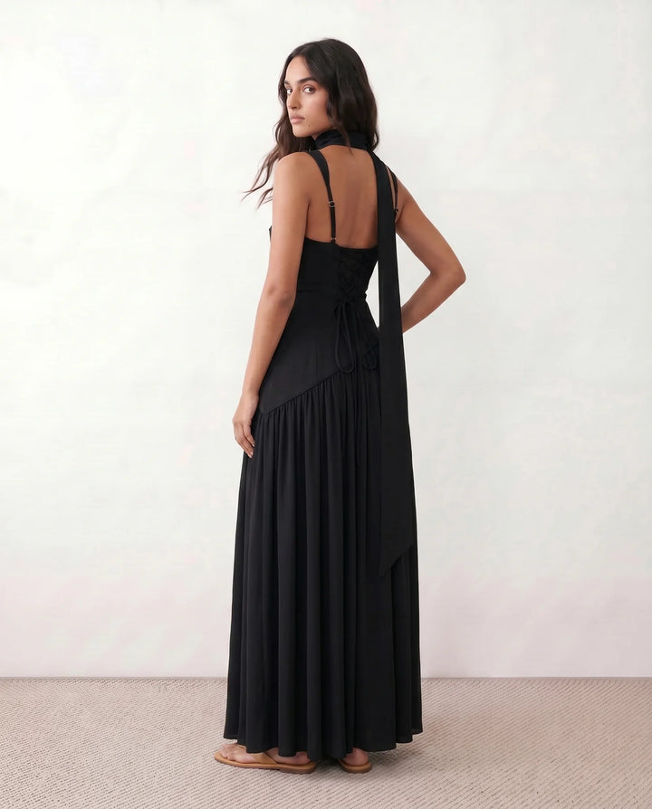 Emelie Basque Waist Lace-Up Maxi Dress