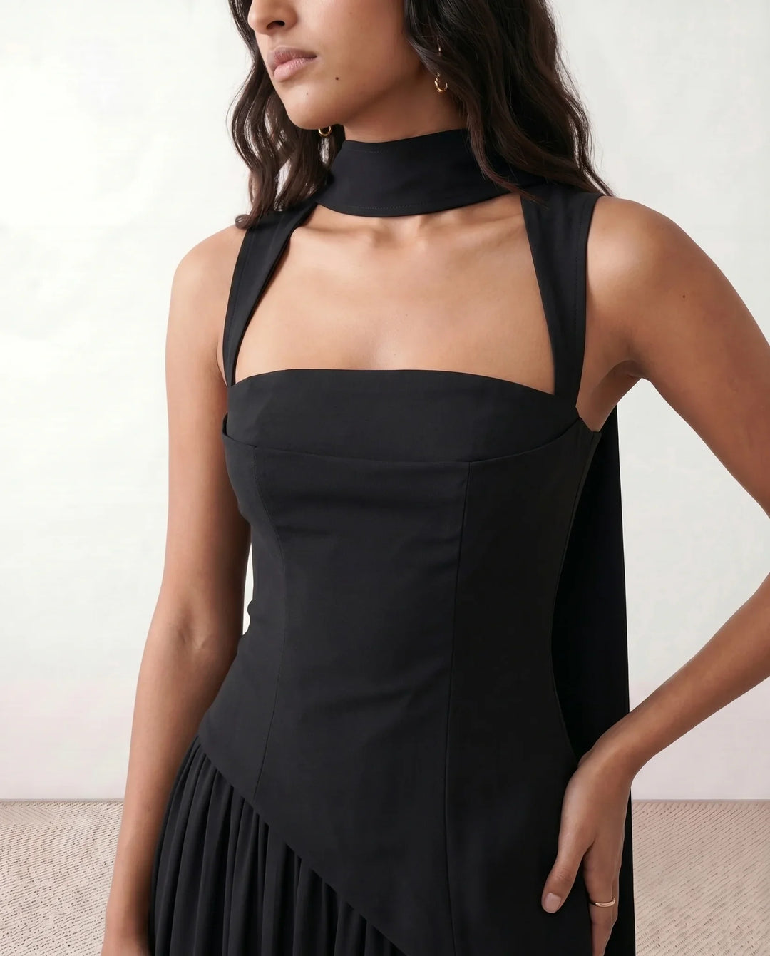Emelie Basque Waist Lace-Up Maxi Dress