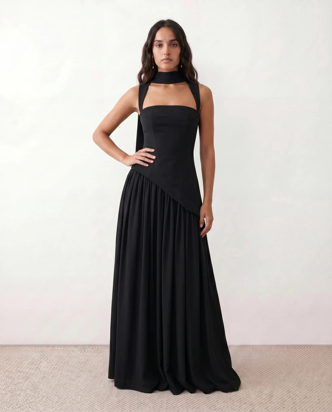 Emelie Basque Waist Lace-Up Maxi Dress