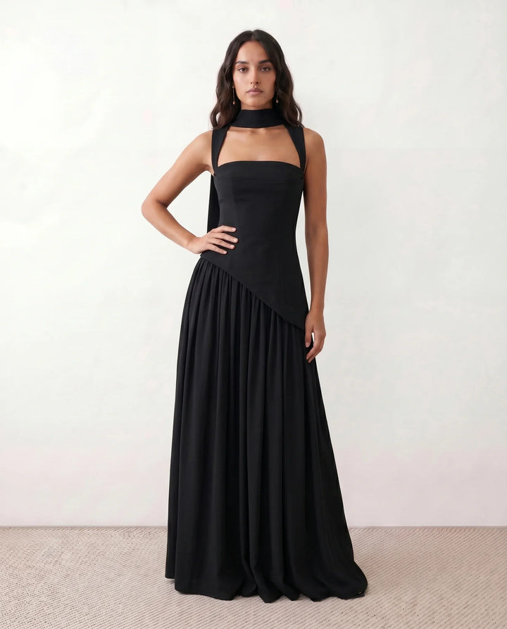 Emelie Basque Waist Lace-Up Maxi Dress