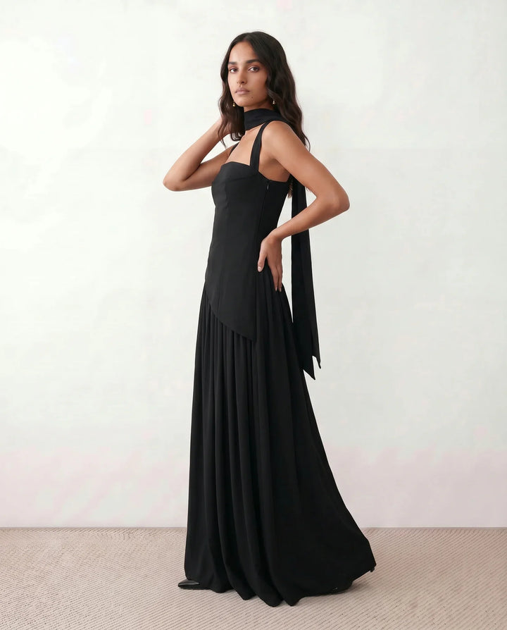 Emelie Basque Waist Lace-Up Maxi Dress