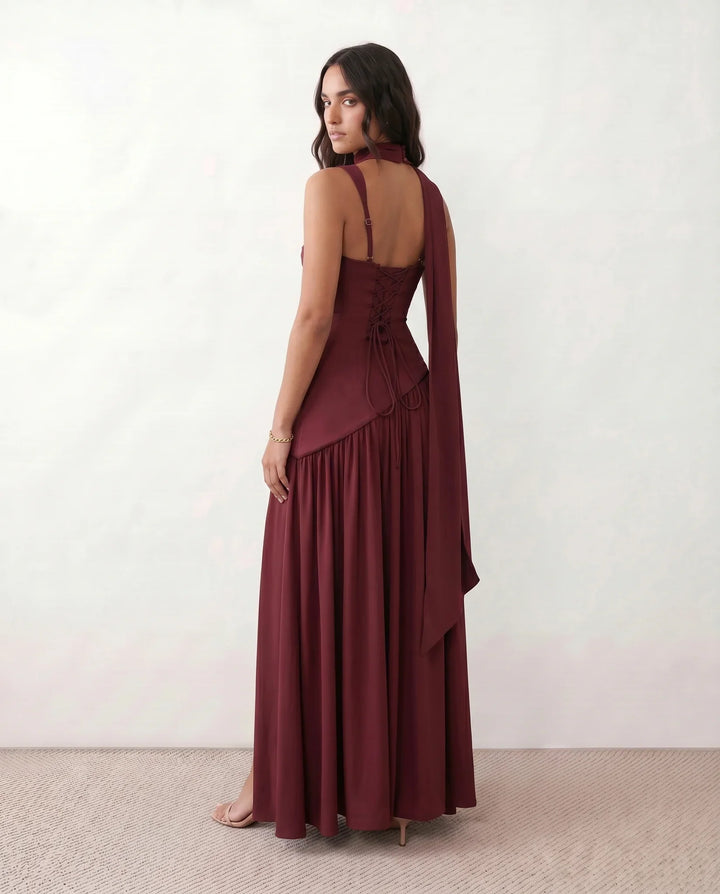 Emelie Basque Waist Lace-Up Maxi Dress