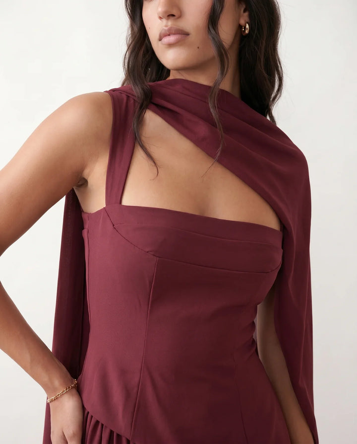 Emelie Basque Waist Lace-Up Maxi Dress