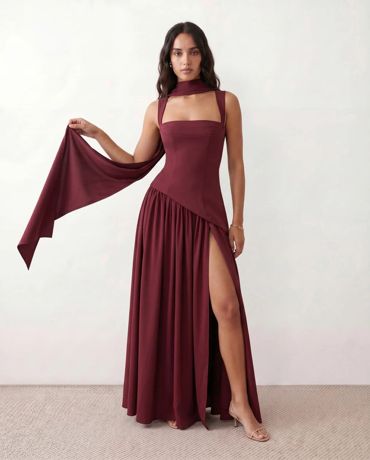Emelie Basque Waist Lace-Up Maxi Dress