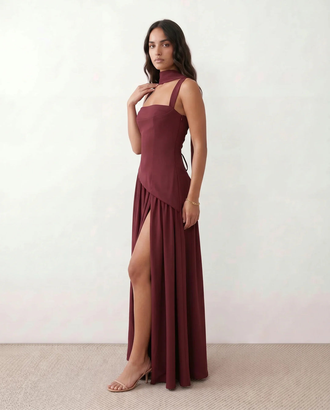 Emelie Basque Waist Lace-Up Maxi Dress