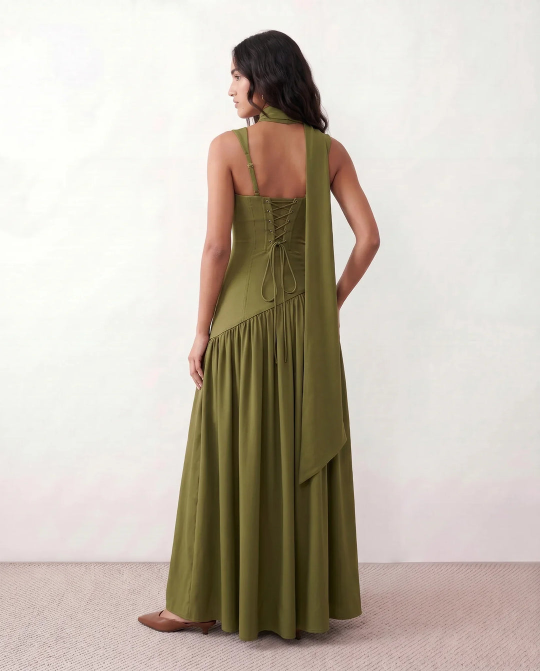 Emelie Basque Waist Lace-Up Maxi Dress