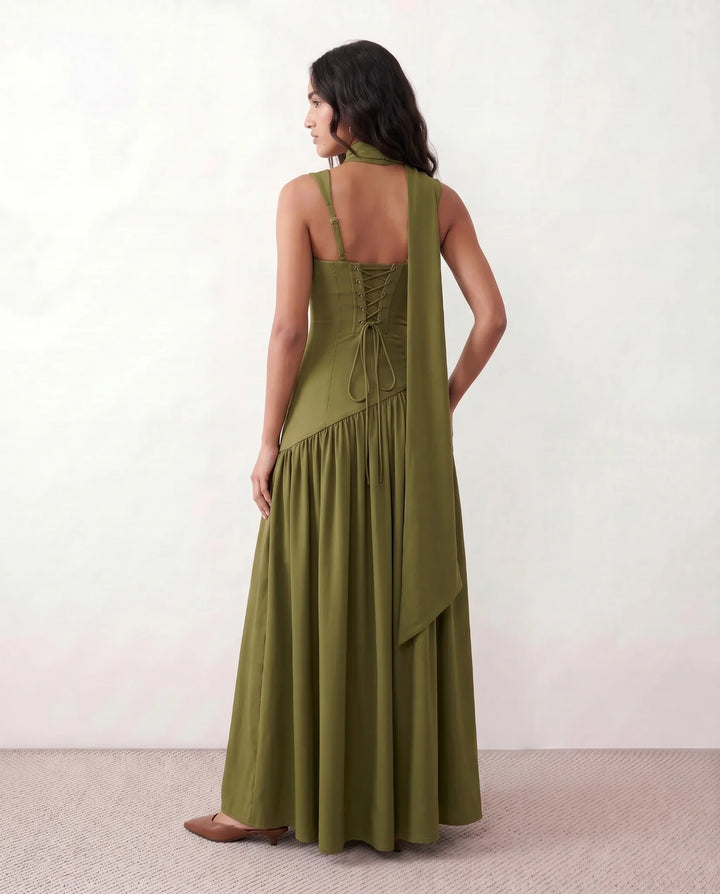 Emelie Basque Waist Lace-Up Maxi Dress