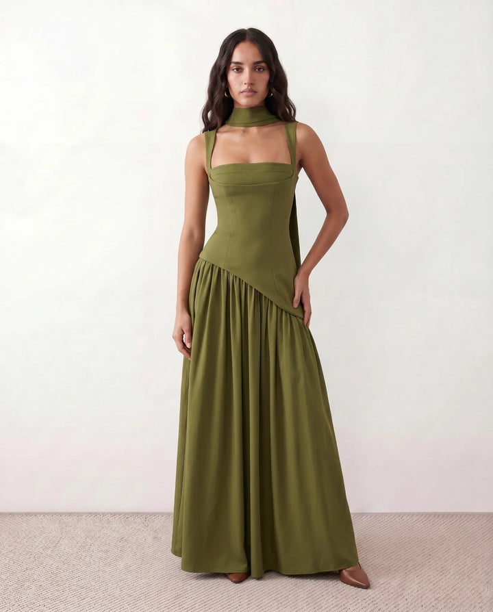 Emelie Basque Waist Lace-Up Maxi Dress
