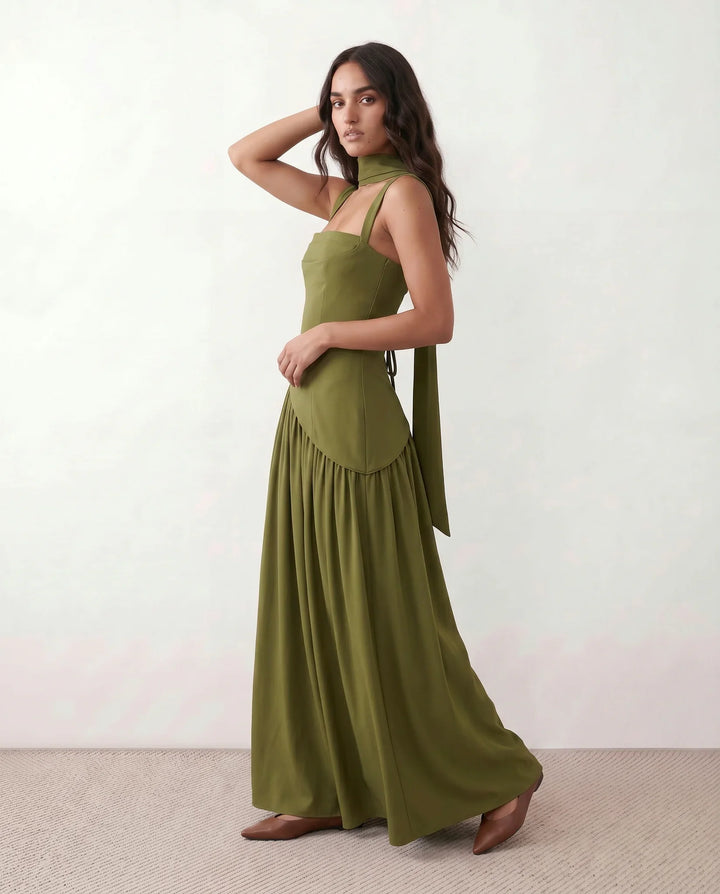 Emelie Basque Waist Lace-Up Maxi Dress