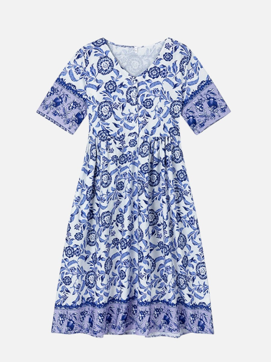 Women’s Floral V-Neck Midi Dress – Relaxed Summer Elegance