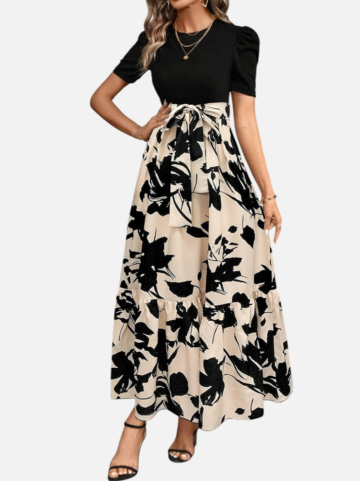 Women’s Floral Midi Dress – Puff Sleeve Belted Waist