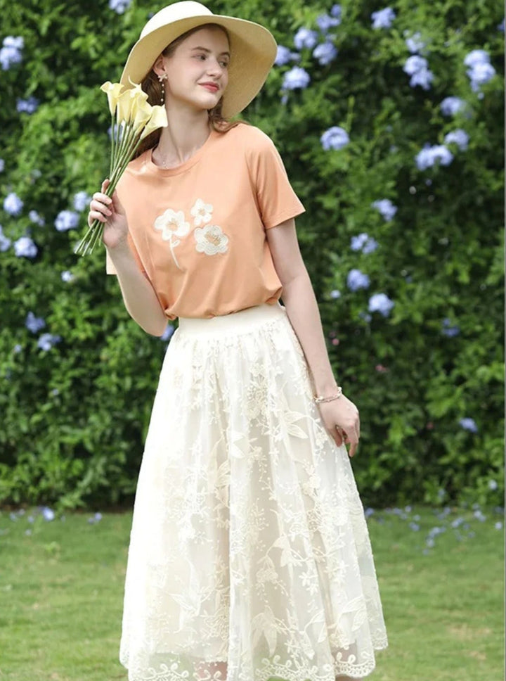 Embroidered Lace Midi Skirt