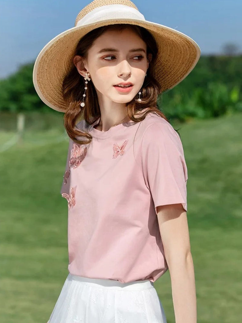 Summer T-Shirt with Butterfly Embroidery
