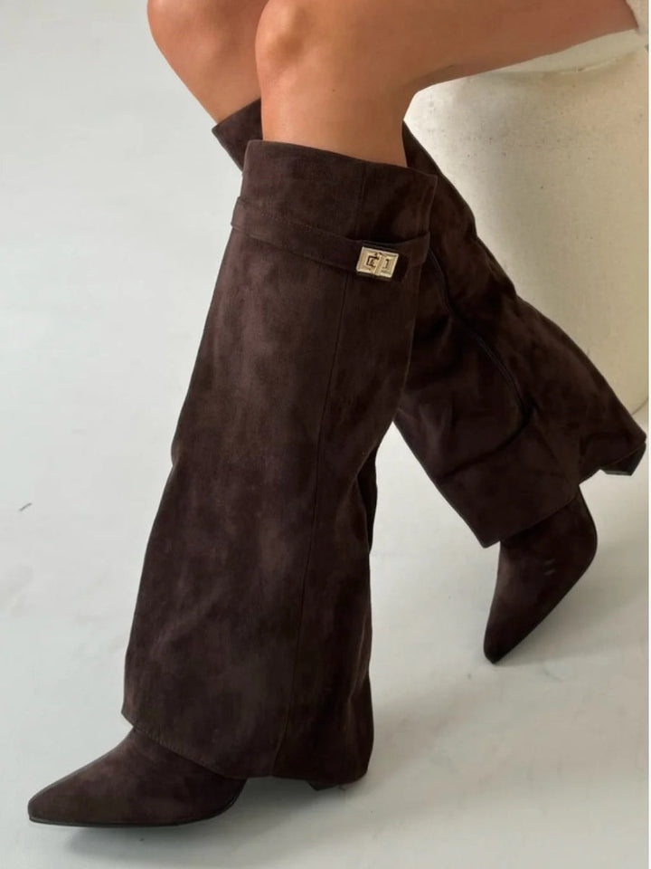 Women’s Suede Fold-Over Boots – Golden Detail