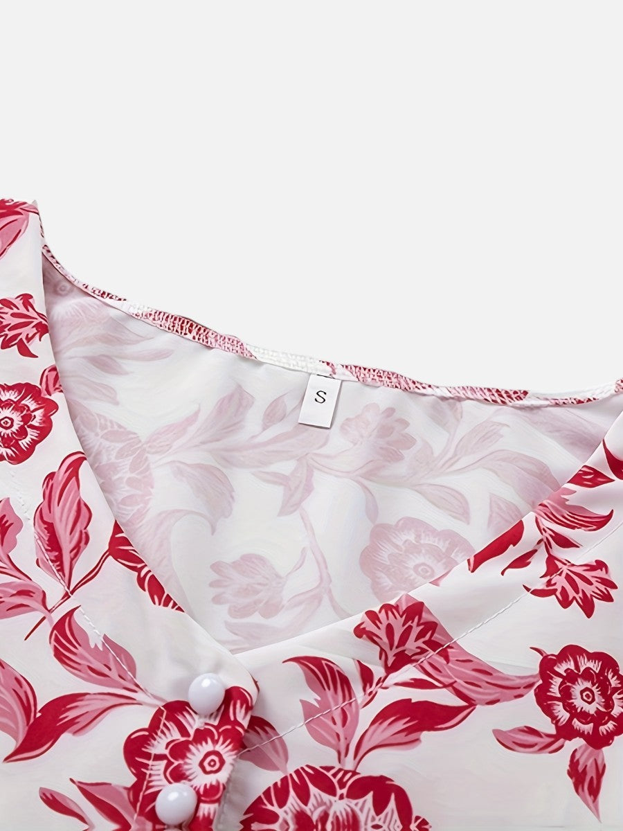 Women’s Floral V-Neck Midi Dress – Relaxed Summer Elegance