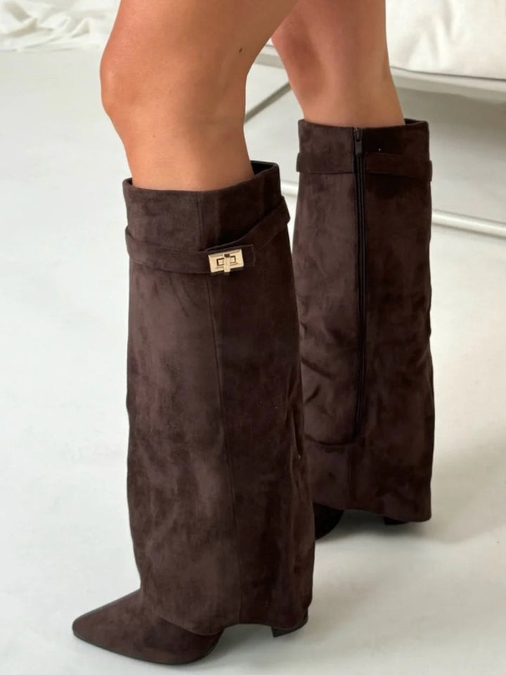 Women’s Suede Fold-Over Boots – Golden Detail
