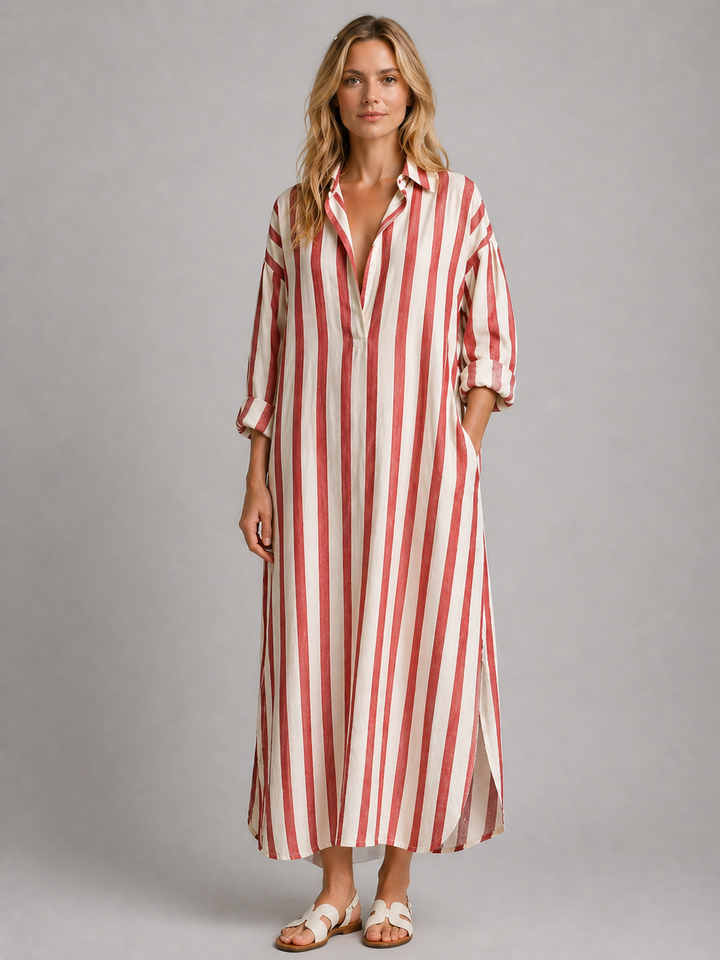 Women’s Striped Shirt Dress with Pockets – Long Relaxed Fit