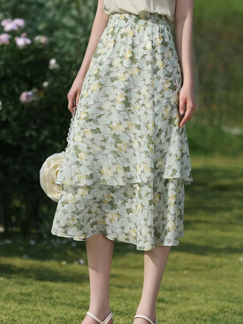 Floral Chiffon Midi Skirt