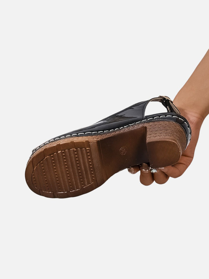 Women’s Comfort Strap Heels – Glossy Leather Look Style