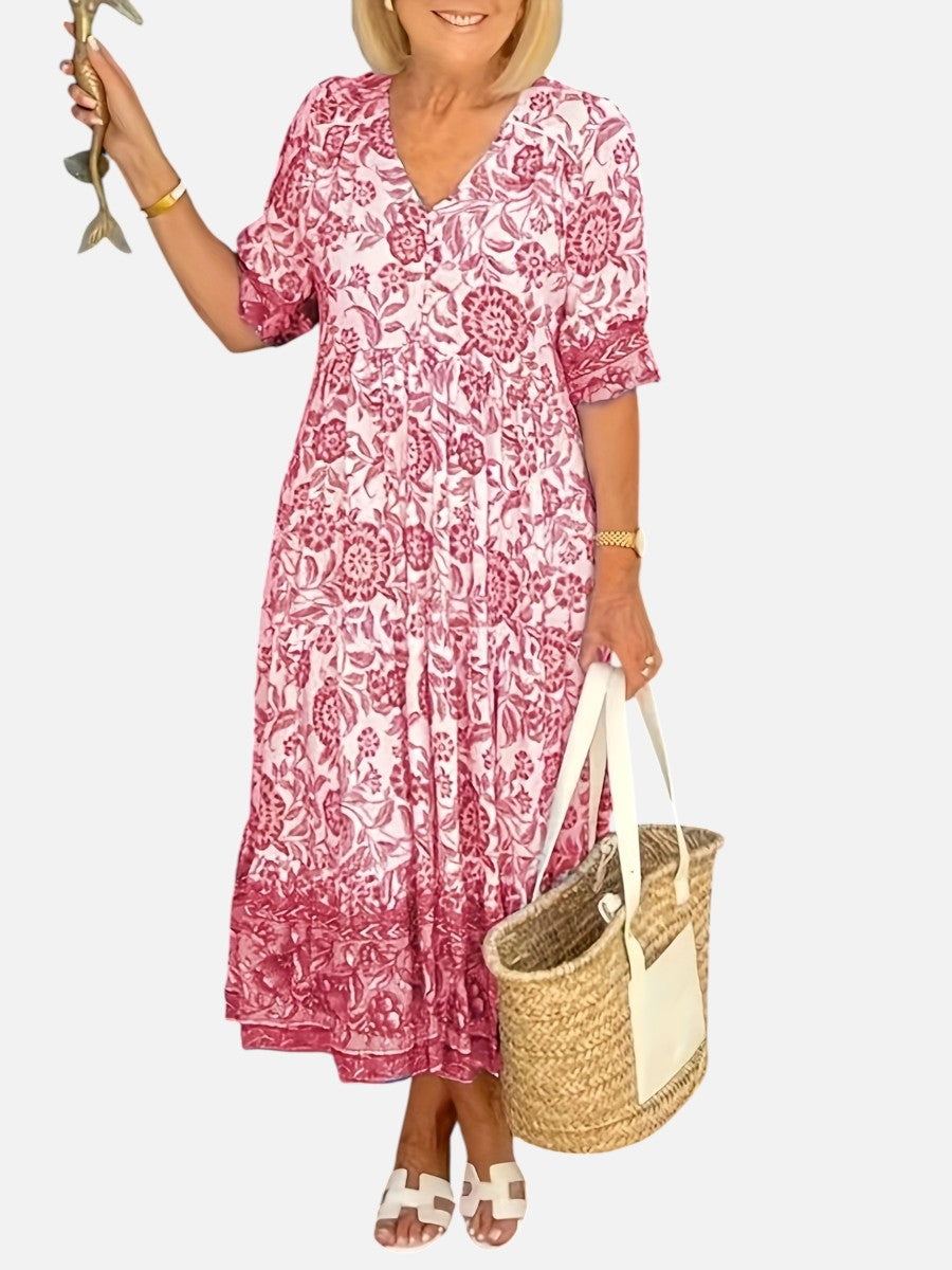 Women’s Floral V-Neck Midi Dress – Relaxed Summer Elegance