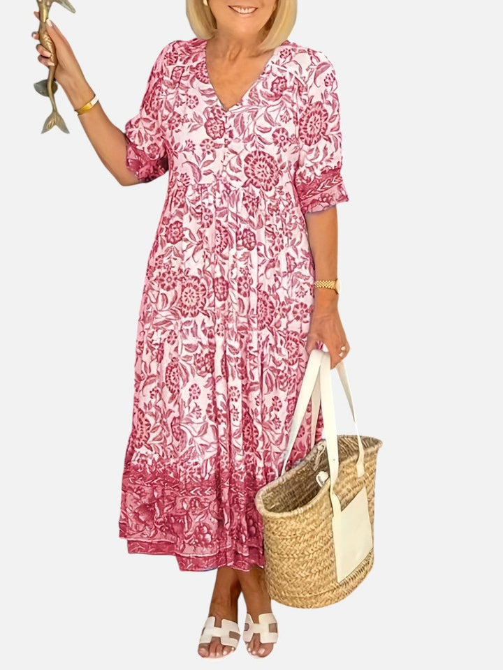 Women’s Floral V-Neck Midi Dress – Relaxed Summer Elegance