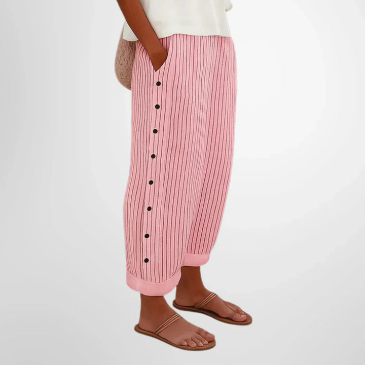 Women’s Striped Button Detail Trousers – Relaxed Fit