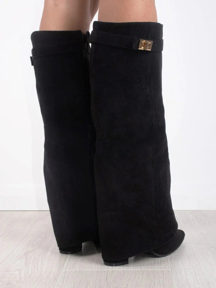 Women’s Suede Fold-Over Boots – Golden Detail