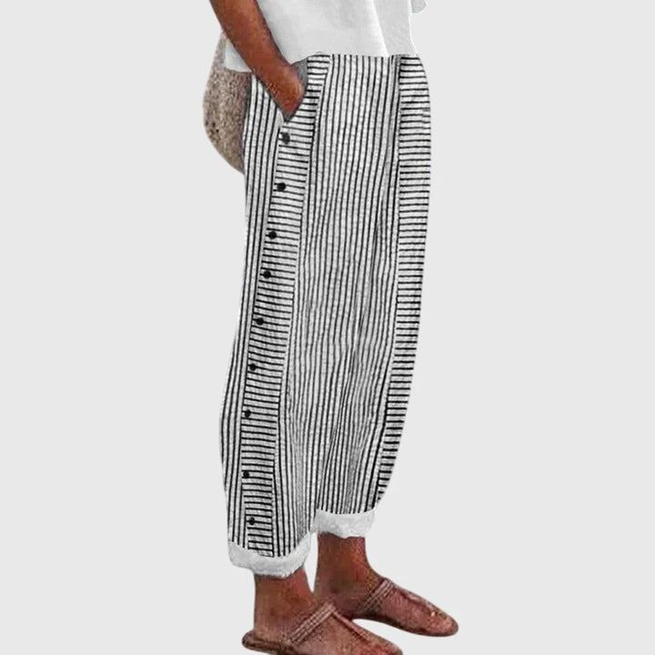 Women’s Striped Button Detail Trousers – Relaxed Fit