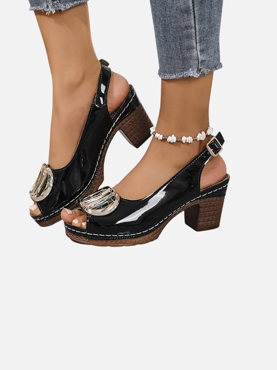 Women’s Comfort Strap Heels – Glossy Leather Look Style