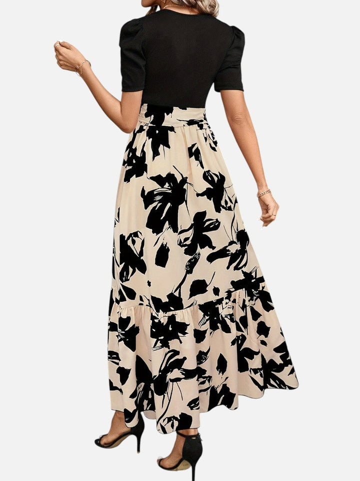 Women’s Floral Midi Dress – Puff Sleeve Belted Waist