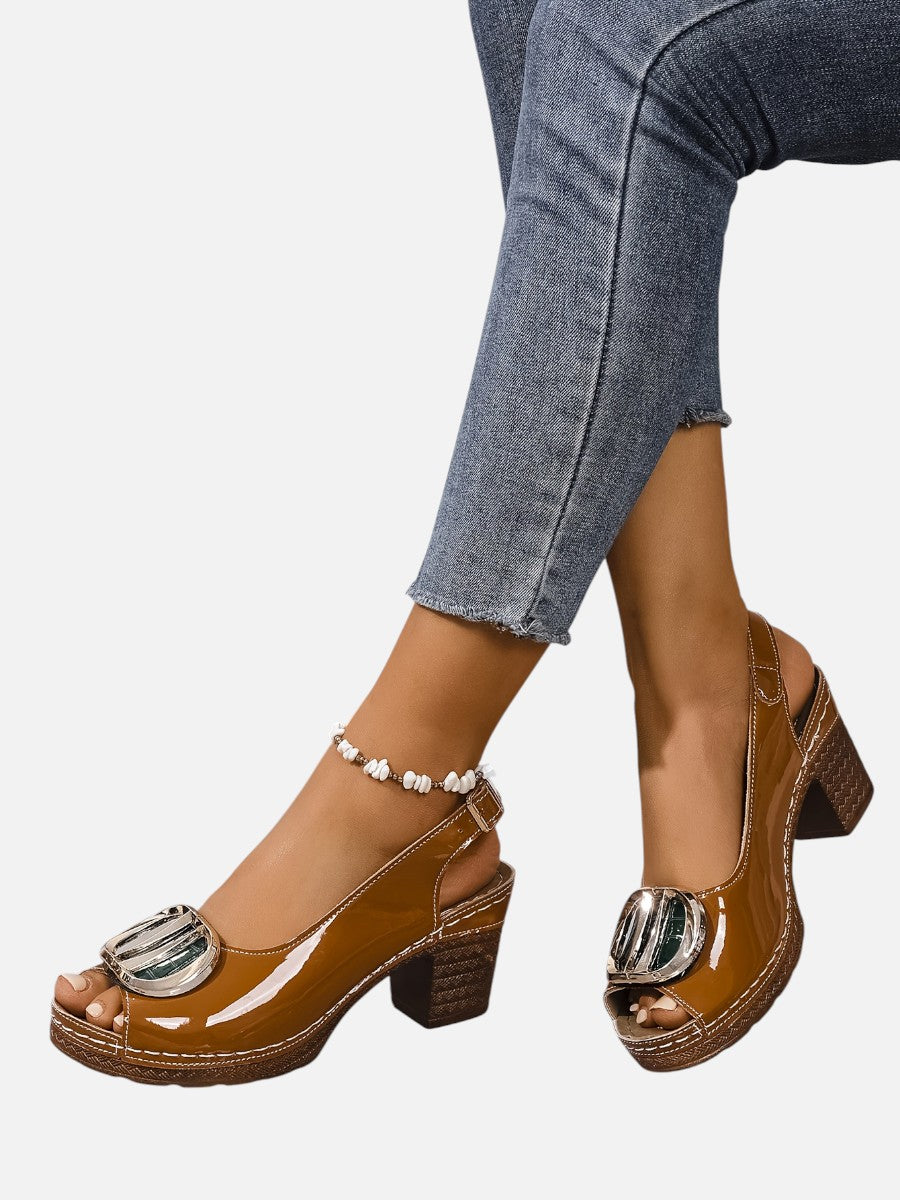 Women’s Comfort Strap Heels – Glossy Leather Look Style