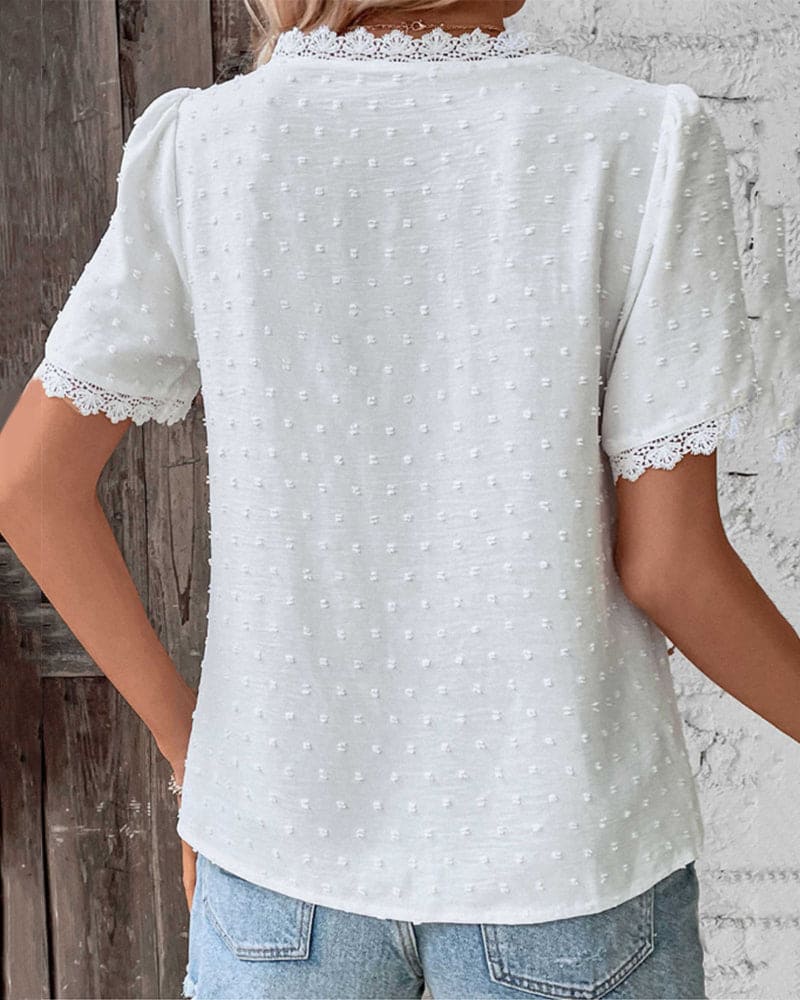 Bohemian Lace Trim Blouse with Swiss Dot Texture and V-Neckline