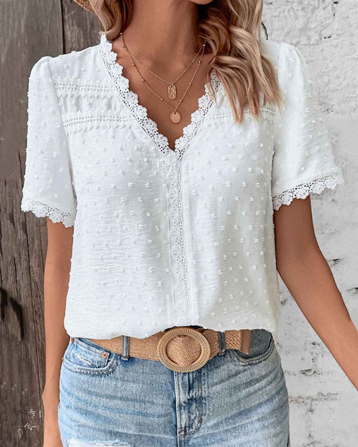Bohemian Lace Trim Blouse with Swiss Dot Texture and V-Neckline