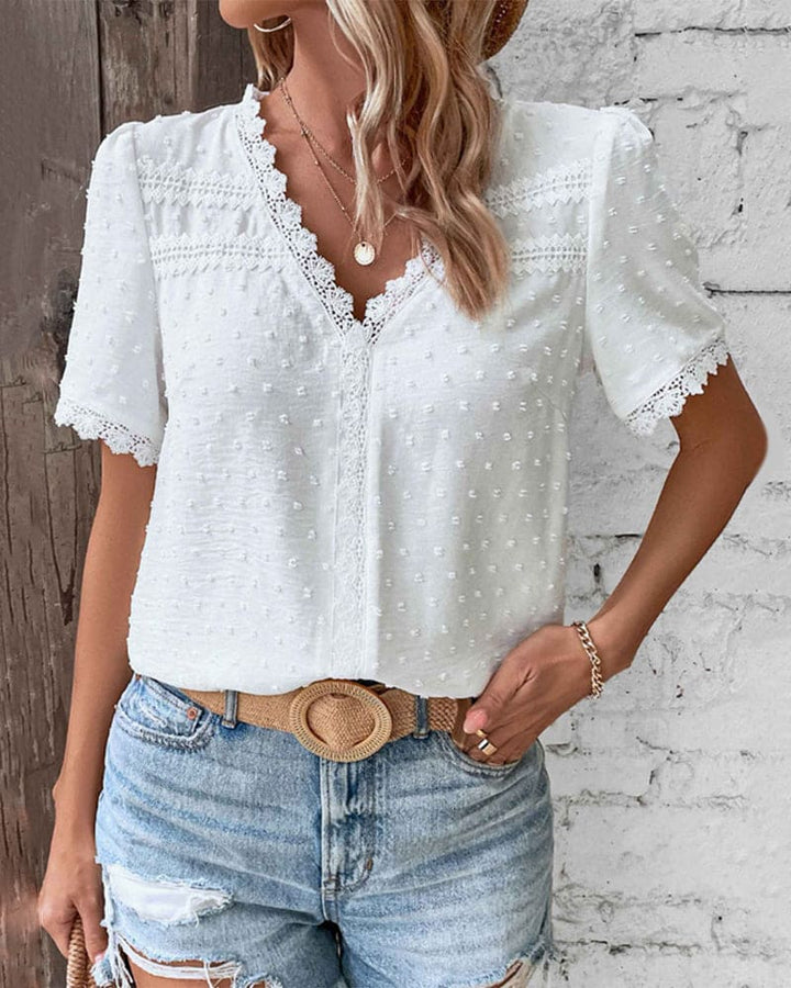 Bohemian Lace Trim Blouse with Swiss Dot Texture and V-Neckline