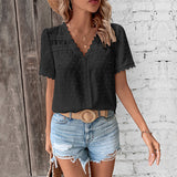 Bohemian Lace Trim Blouse with Swiss Dot Texture and V-Neckline