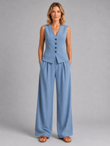 Women’s Sleeveless Waistcoat & Wide-Leg Trousers Set – Relaxed Tailored Co-Ord