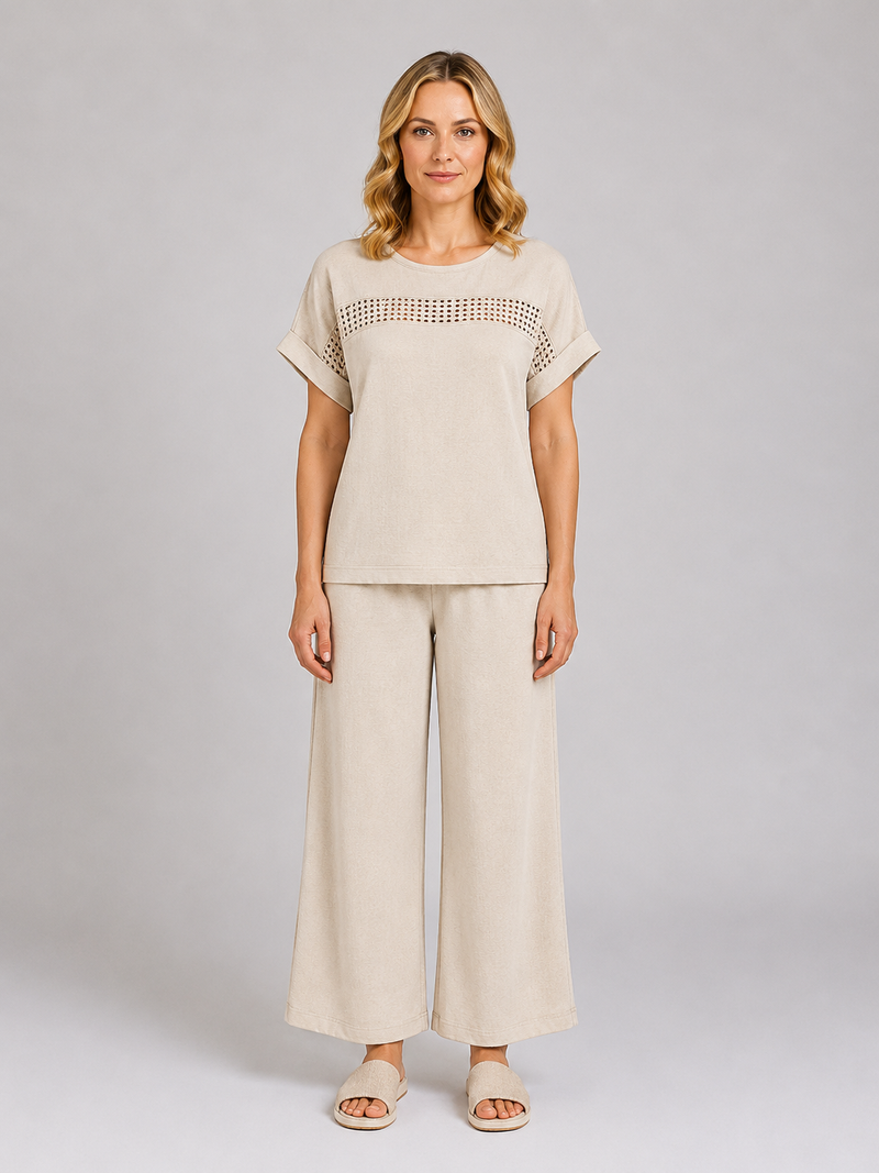 Women's Wide Leg Trouser Co-Ord Set - Crochet Detail Top & Trousers