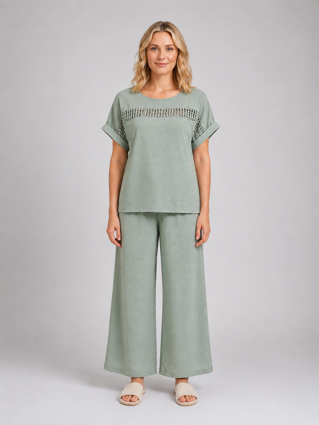 Women's Wide Leg Trouser Co-Ord Set – Crochet Detail Top & Trousers