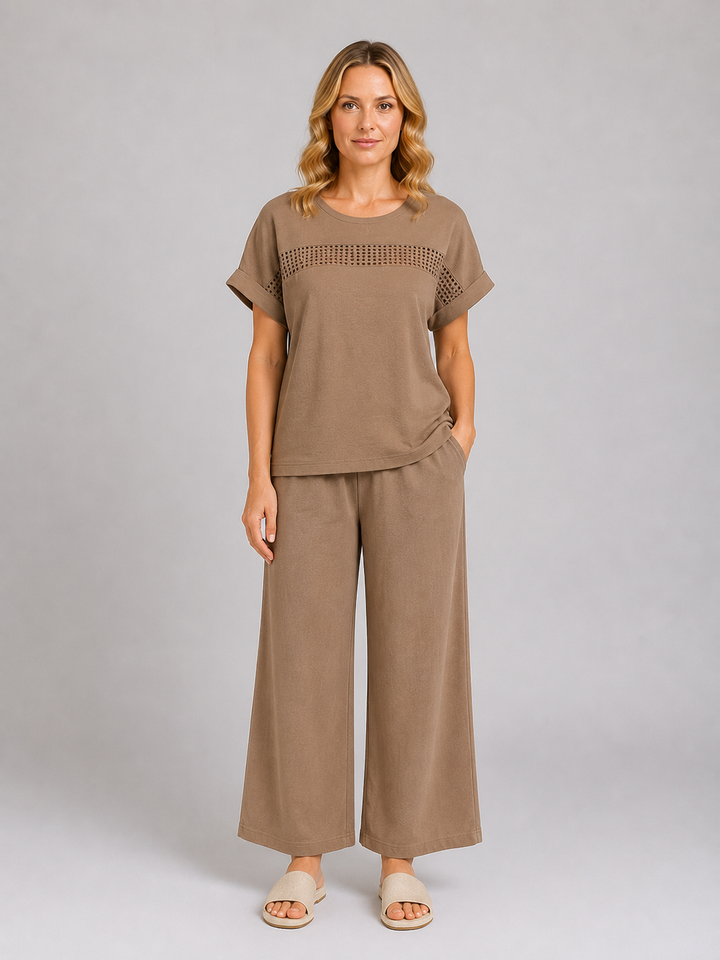 Women's Wide Leg Trouser Co-Ord Set – Crochet Detail Top & Trousers