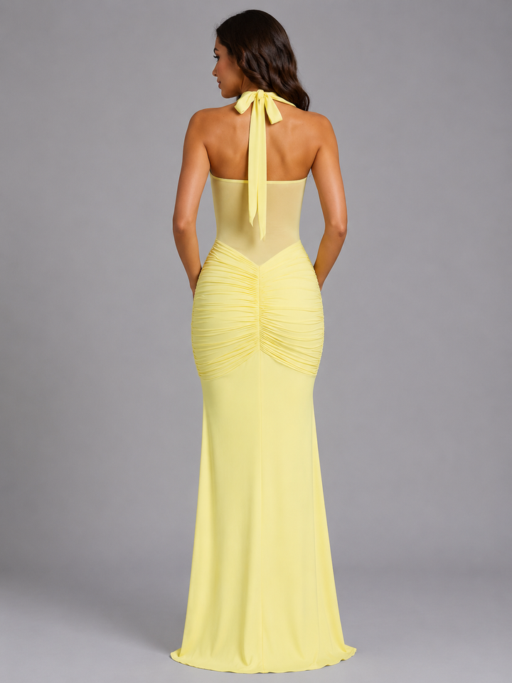 Women’s Halter Mesh Maxi Dress – Ruched Occasion Gown