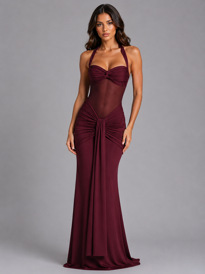 Women’s Halter Mesh Maxi Dress – Ruched Occasion Gown