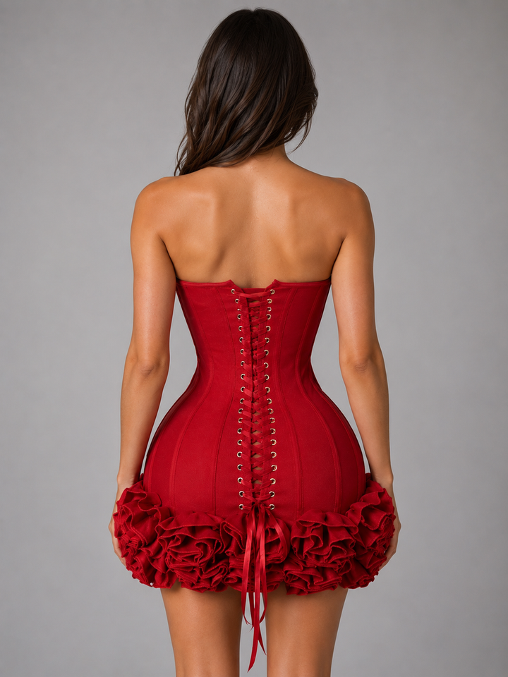 Women’s Strapless Corset Mini Dress – 3D Floral Appliqué Party Style