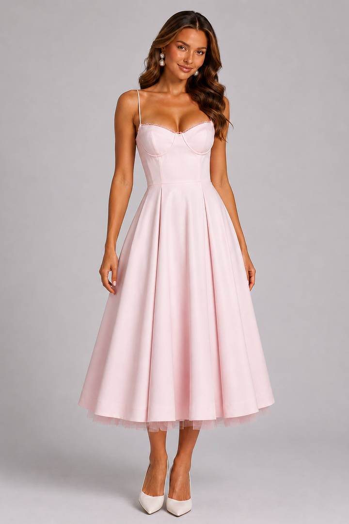 Seraphina | Corset Spaghetti Strap Midi Wedding Guest Dress