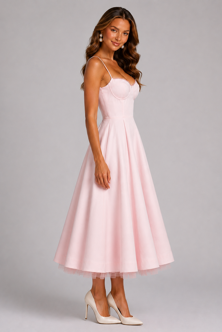 Seraphina | Corset Spaghetti Strap Midi Wedding Guest Dress