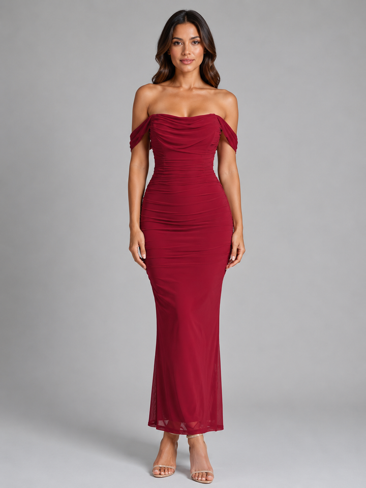 Women's Off-Shoulder Ruched Maxi Dress – Wedding Guest Gown