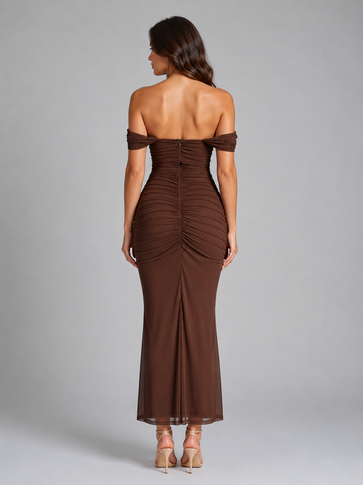 Women's Off-Shoulder Ruched Maxi Dress – Wedding Guest Gown