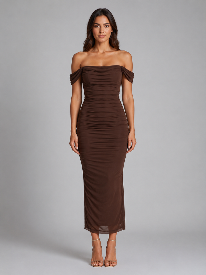 Women's Off-Shoulder Ruched Maxi Dress – Wedding Guest Gown